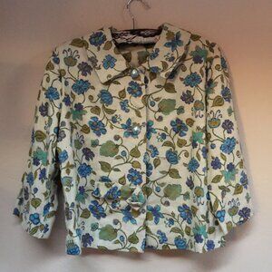 Vintage Susan Ross Womens Lightweight Blazer Jacket Tan Floral Button Front Boho